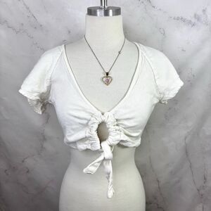AJAIE ALAIE White linen Cutout Tie Front Cropped Short Sleeve blouse L Cottage
